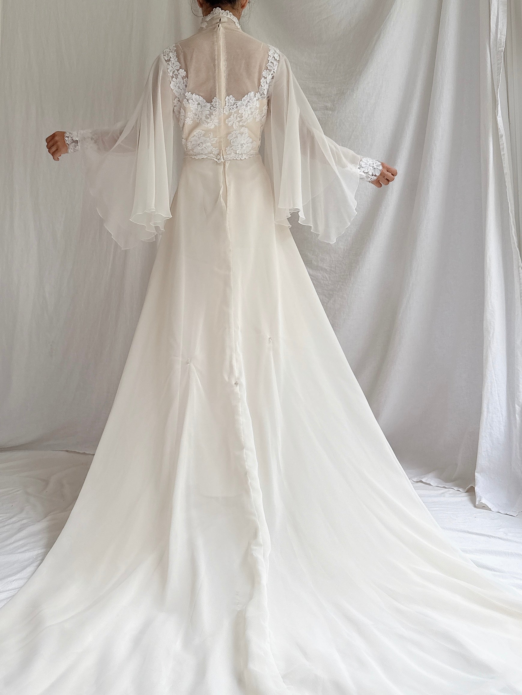 1970s Angel Sleeves Chiffon Gown - S