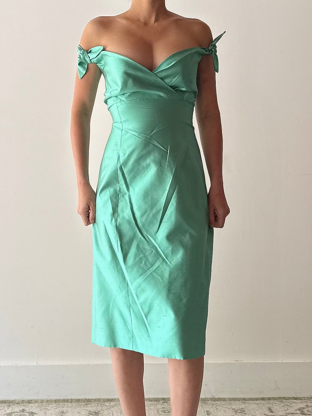 Vintage Teal Silk Halter Dress - FR40