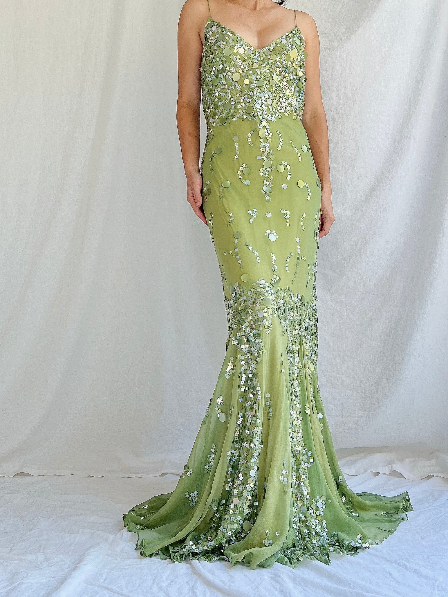 Vintage Green Bias Cut Silk Gown - S