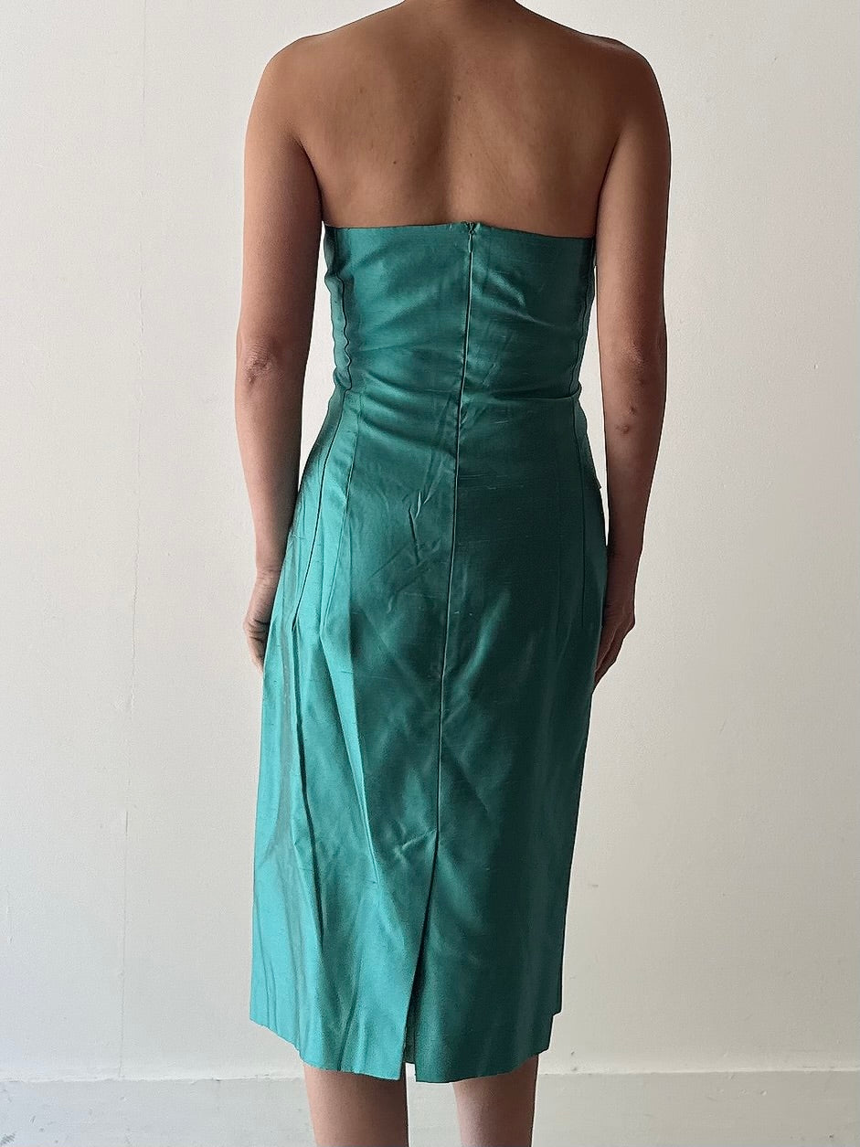 Vintage Turquoise Teal Silk Strapless Dress - FR42