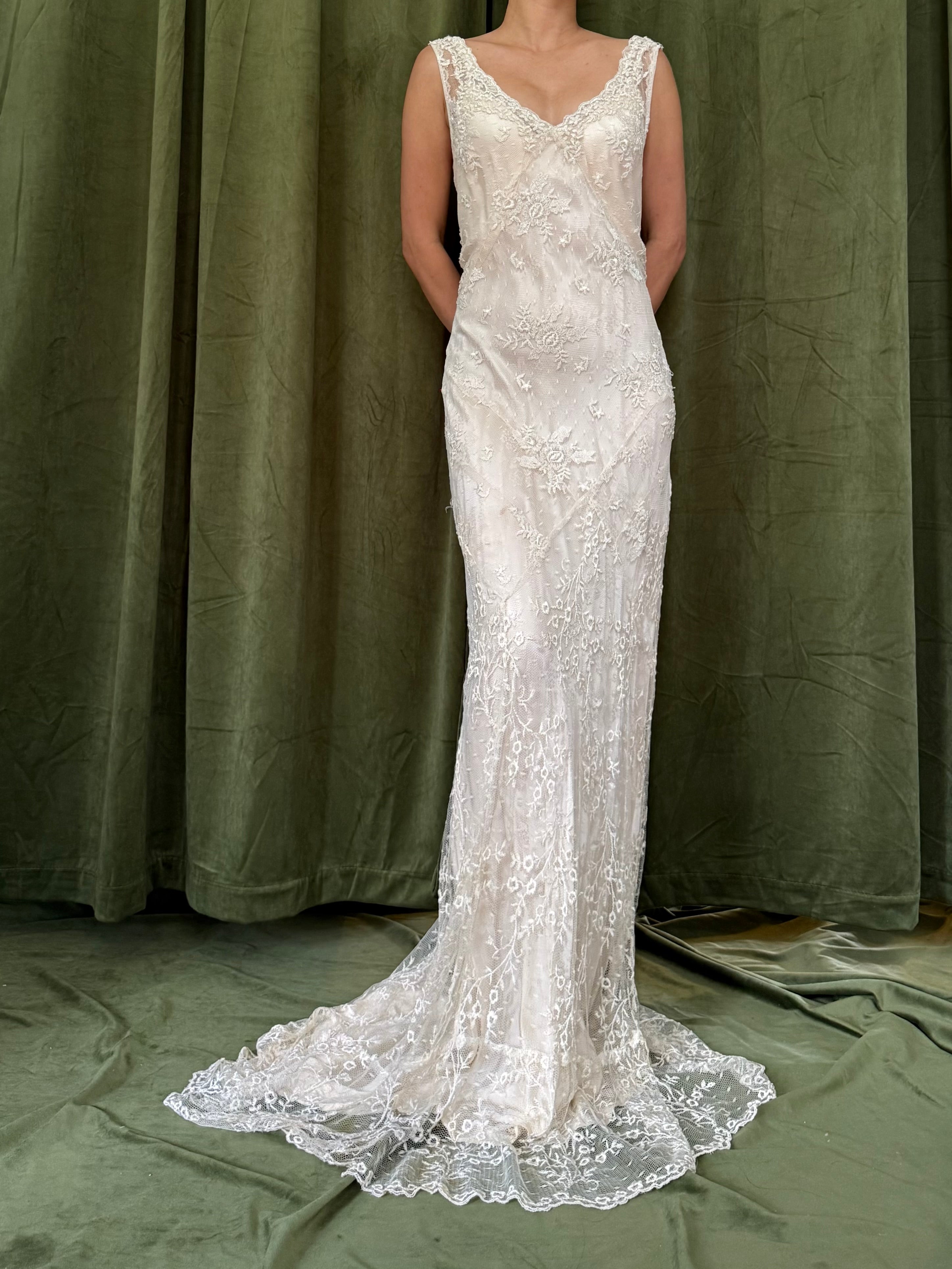Vintage Beaded French Lace Gown with Silk Slip - S/M
