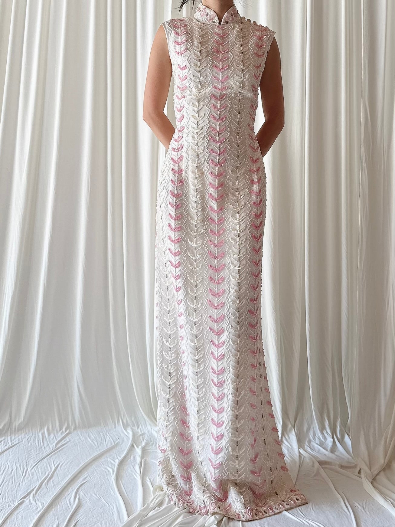 1960s Cheongsam Silk Organza Beaded Gown - M