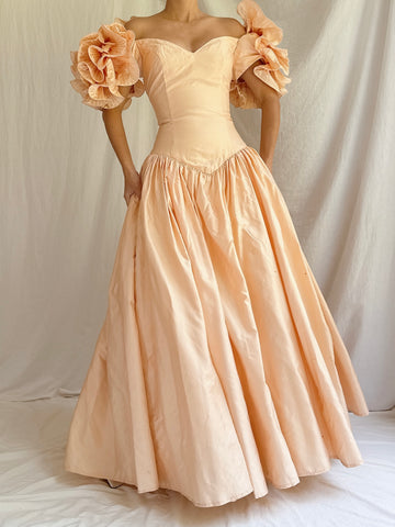 Vintage Peach Ruffled Sleeves Dress - S/M
