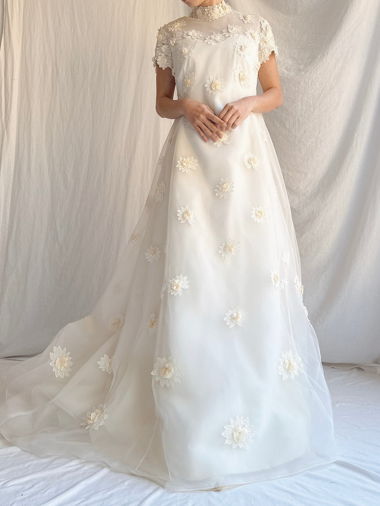 1960s Tulle and Organza Floral Applique Gown - S/M