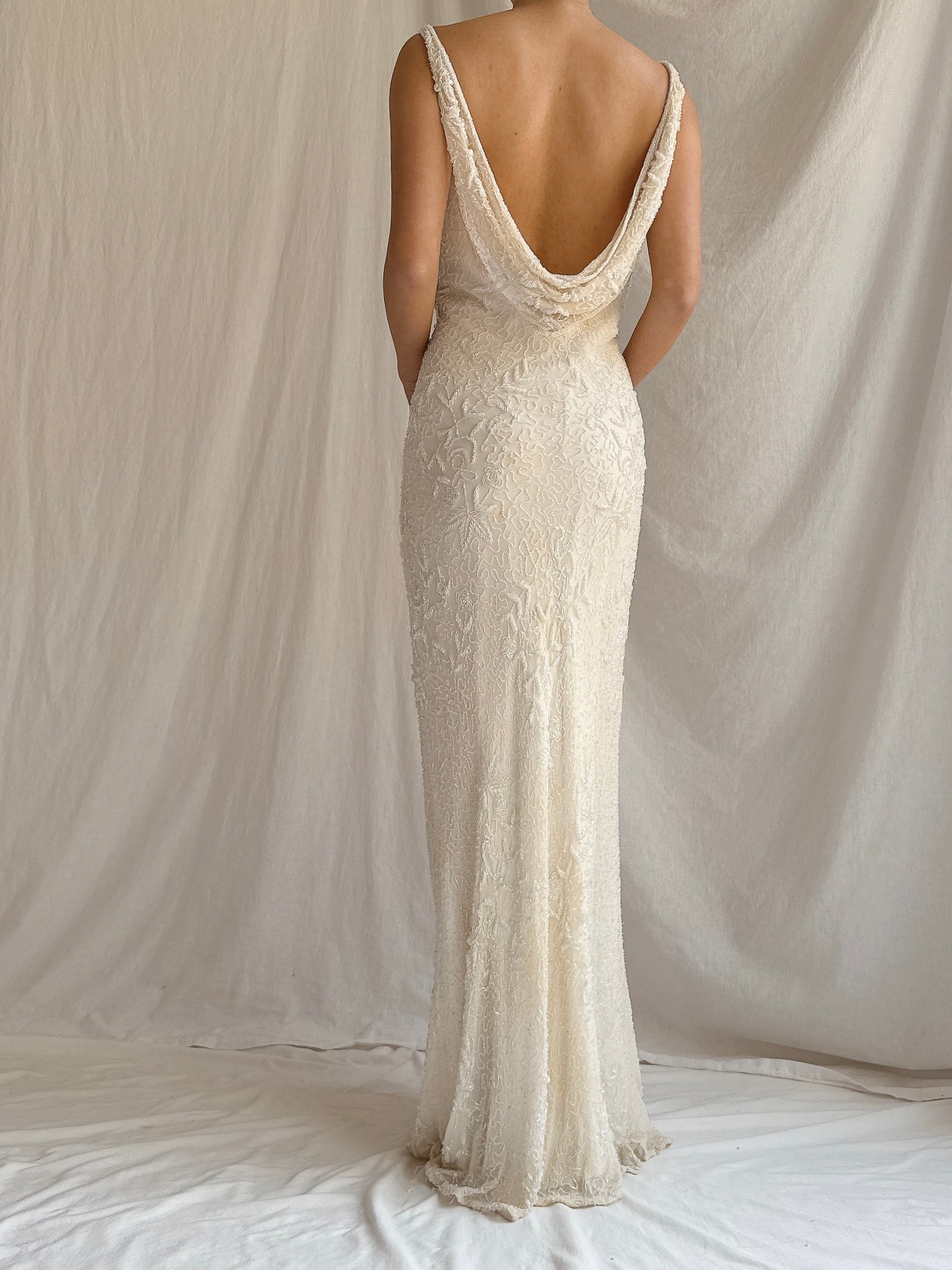 Vintage Ivory Silk Beaded Gown - S