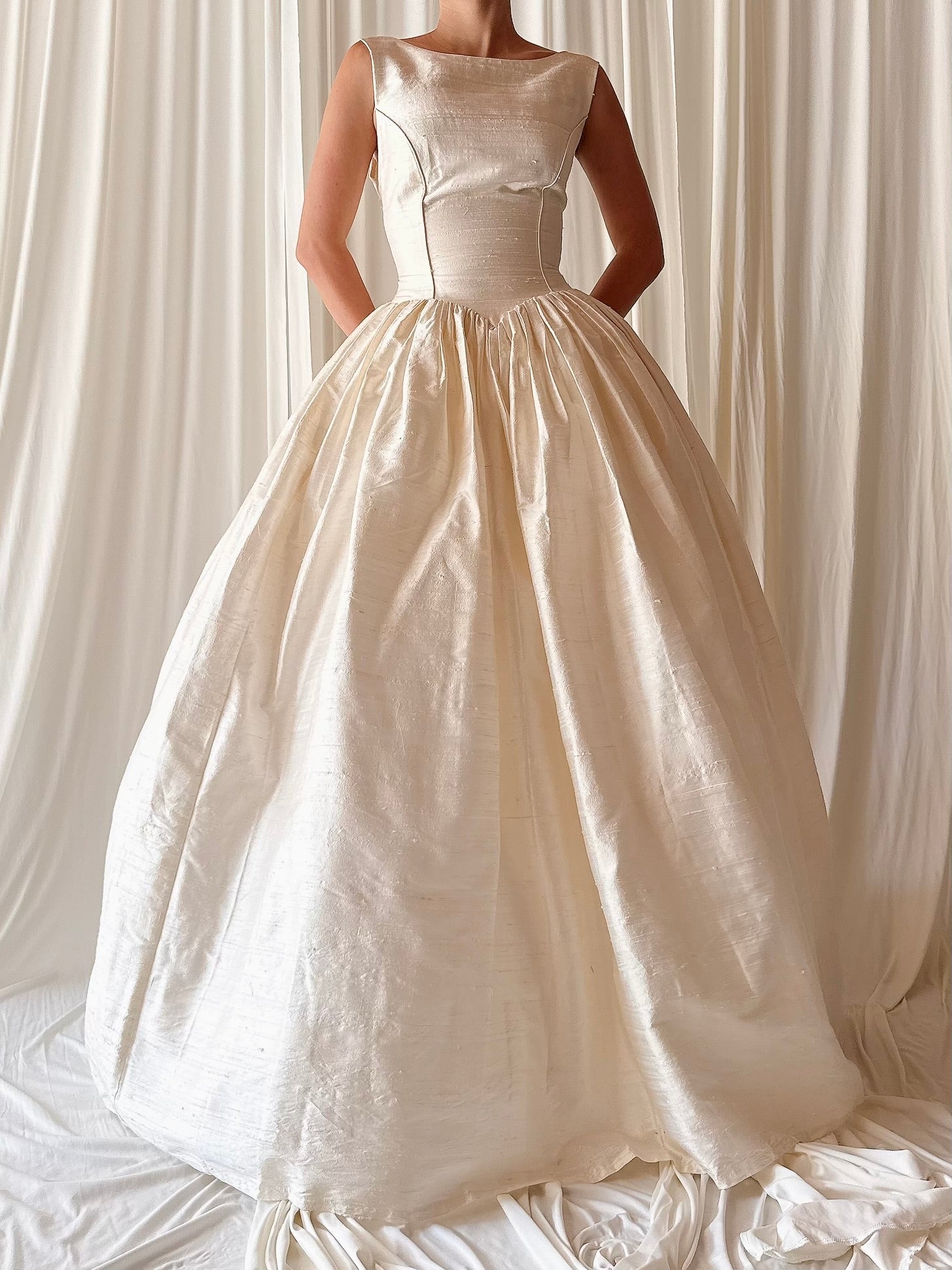 Vintage Ivory Raw Silk Boat Neck Gown - S