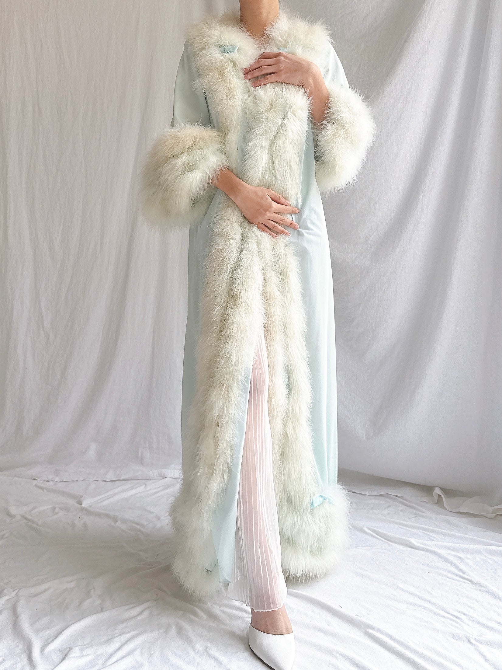 Rare 1960s Heft Baby Blue Marabou & Nylon Duster - OSFM