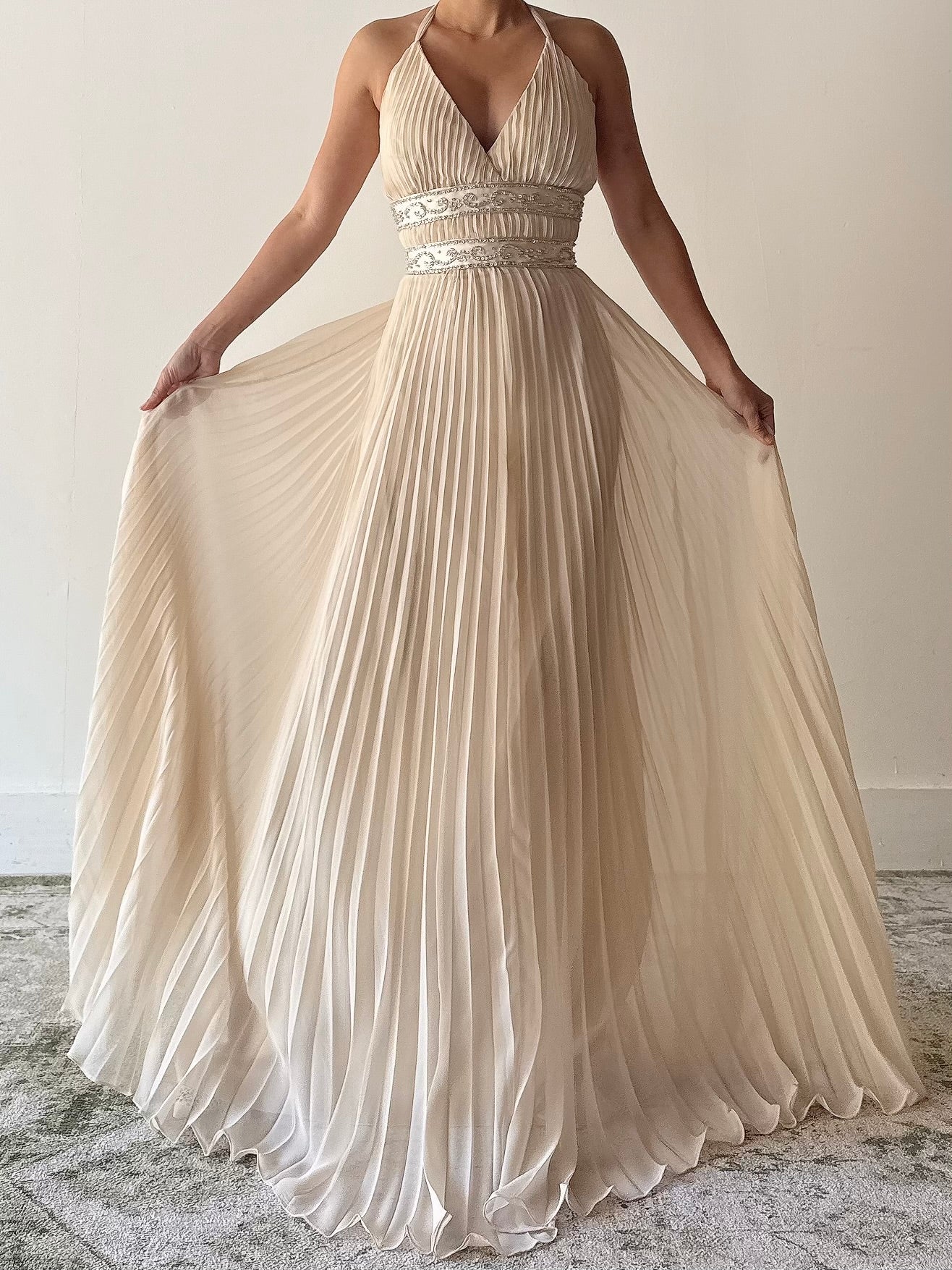 Vintage Pleated Chiffon Dress - L