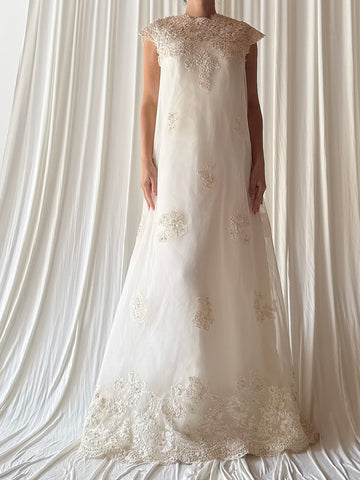 1960s Tulle Lace Beaded Gown - S