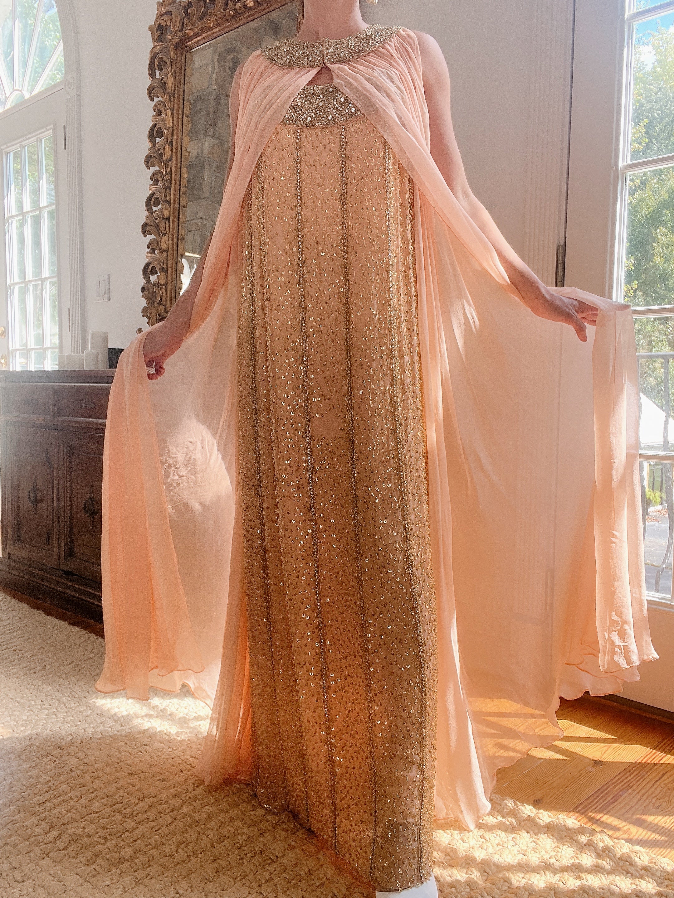 1960s Peach Beaded Gown & Cape - M/L