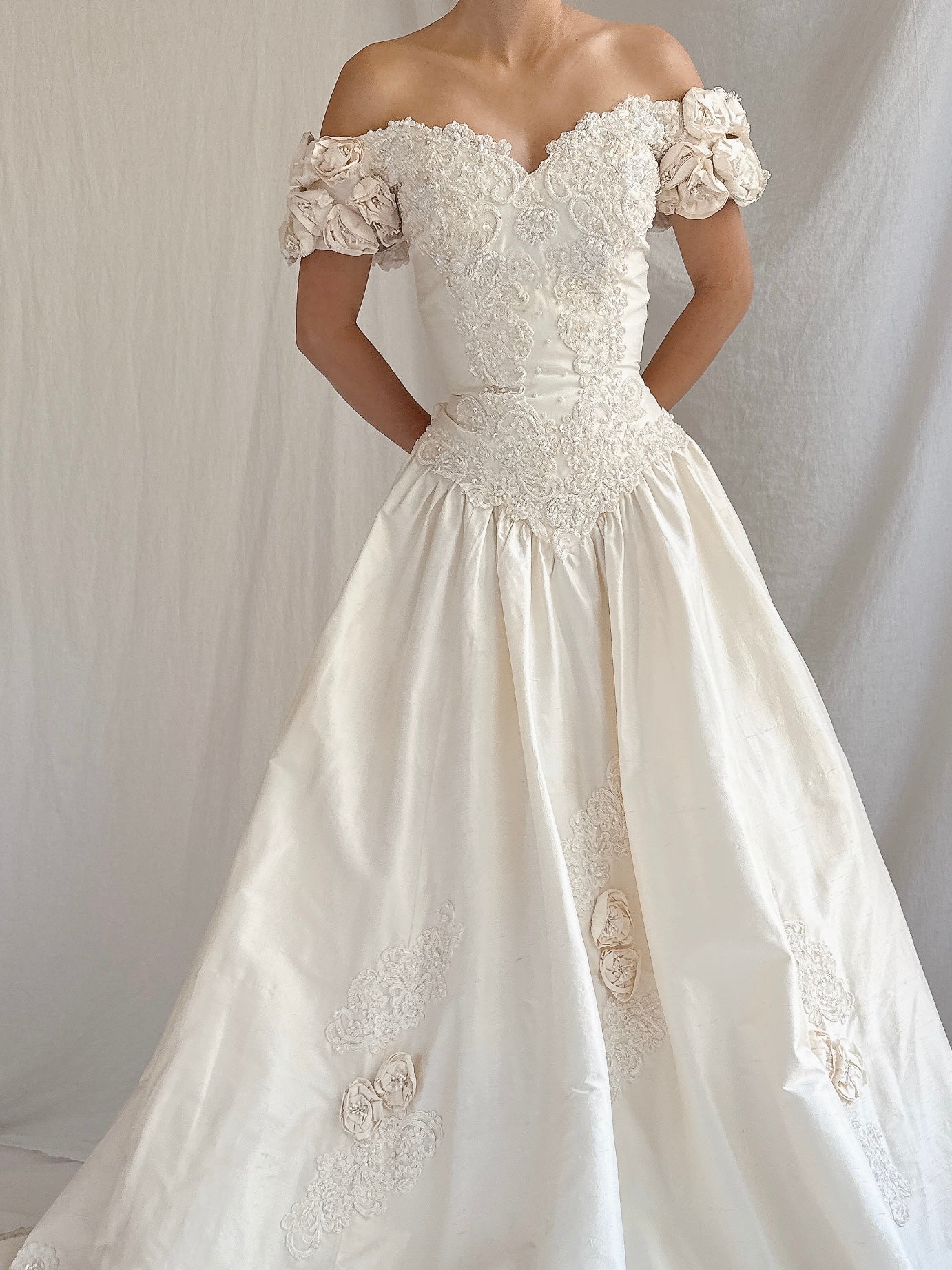 Vintage Silk Rosette Off-the-Shoulder Gown - M