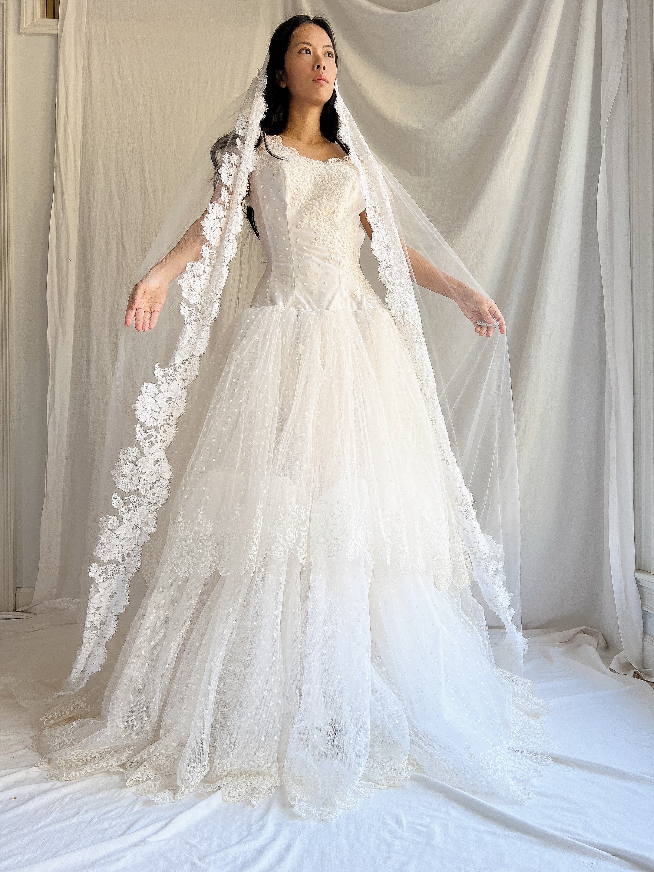 1950s Cathedral Alencon Double Tulle Veil