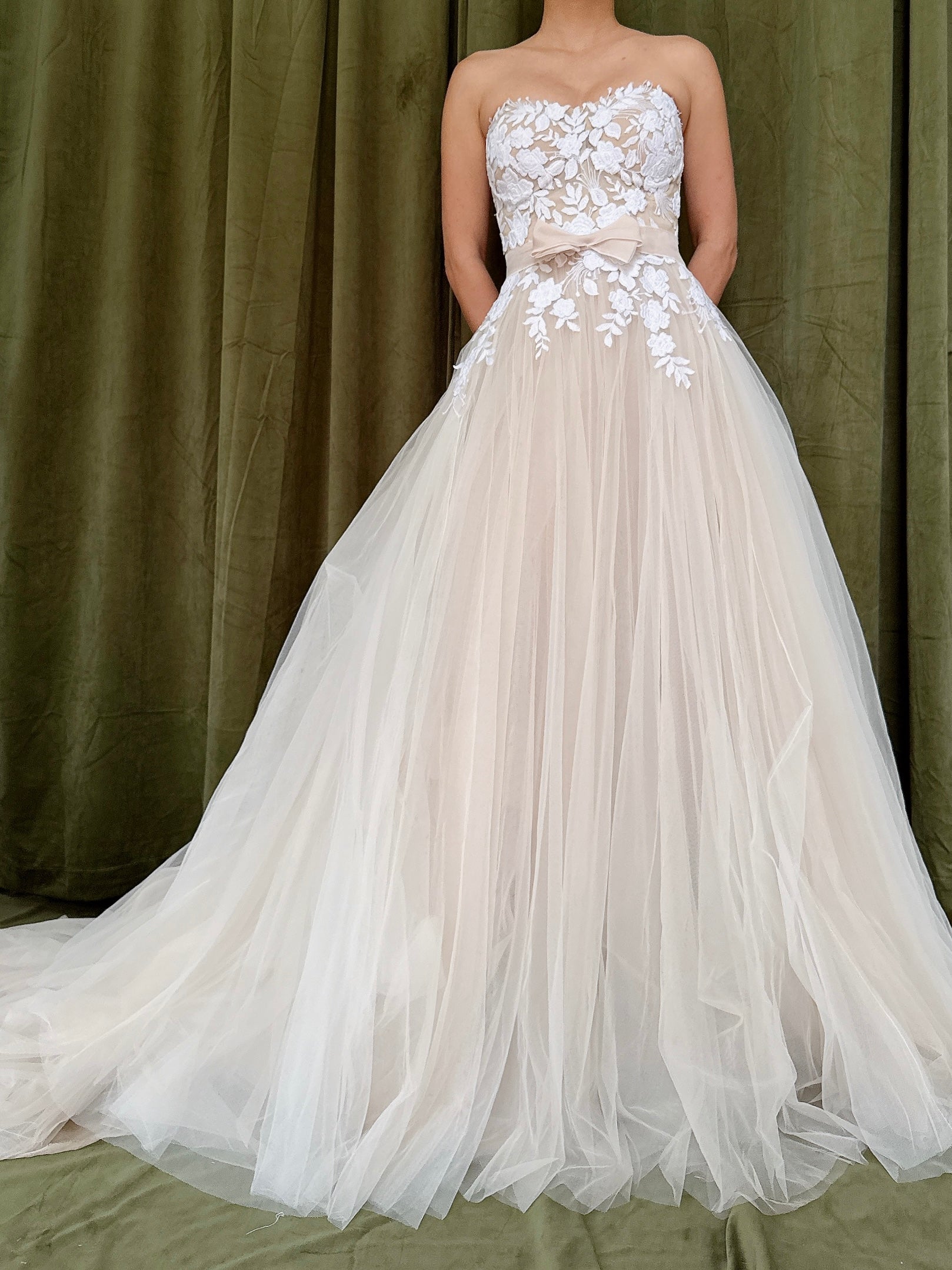 Mira Zwillinger Strapless Nude Tulle Embroidered Dress - M/8