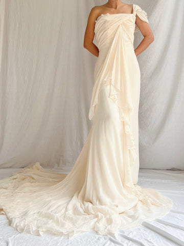 Vintage Silk One-Shoulder Gown - M