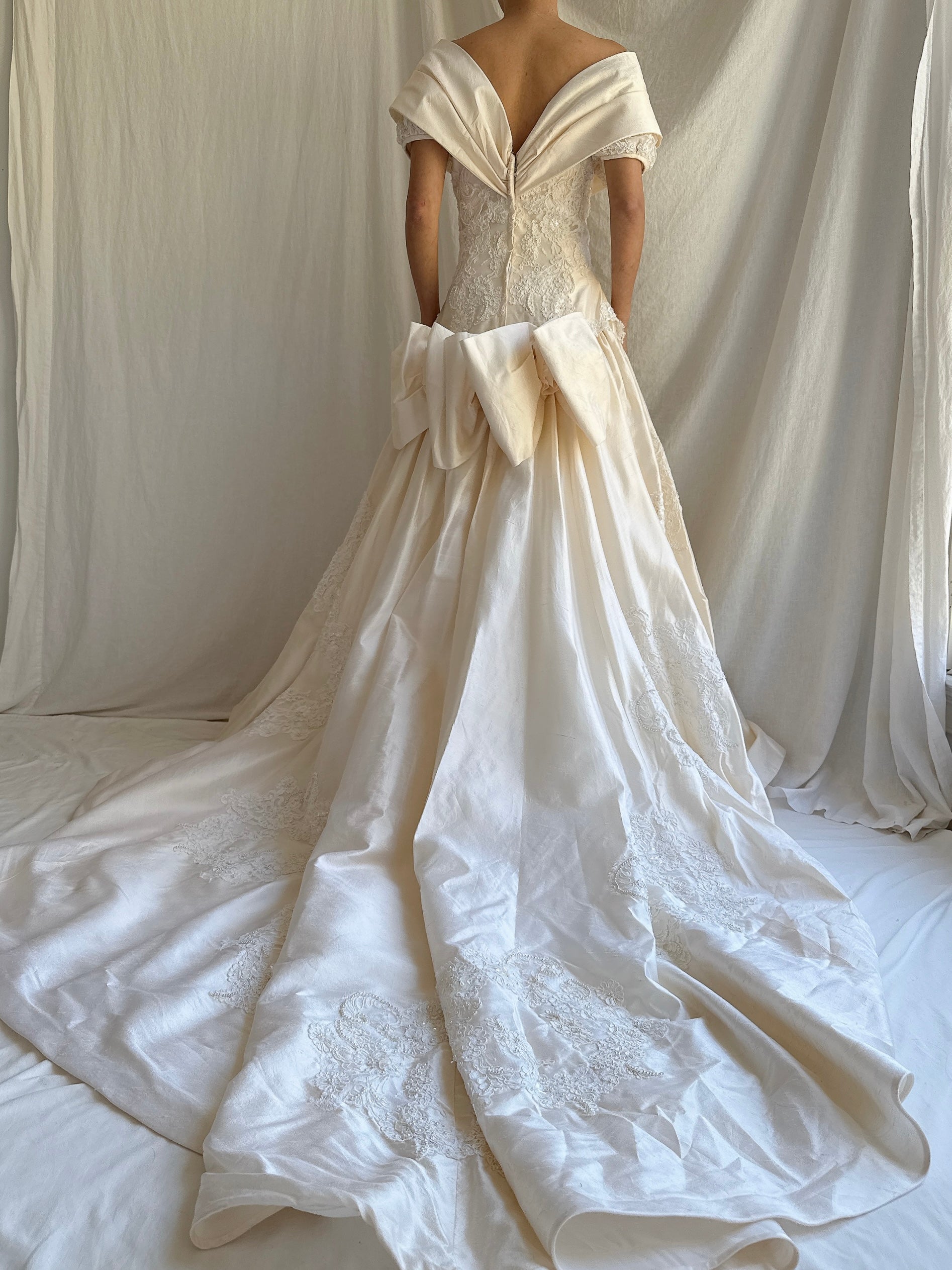 1980s Ron Lovece Silk Off-the-Shoulder Gown - S