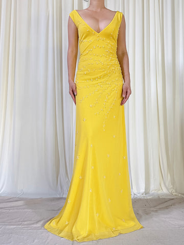 Vintage Yellow Beaded Dress - L