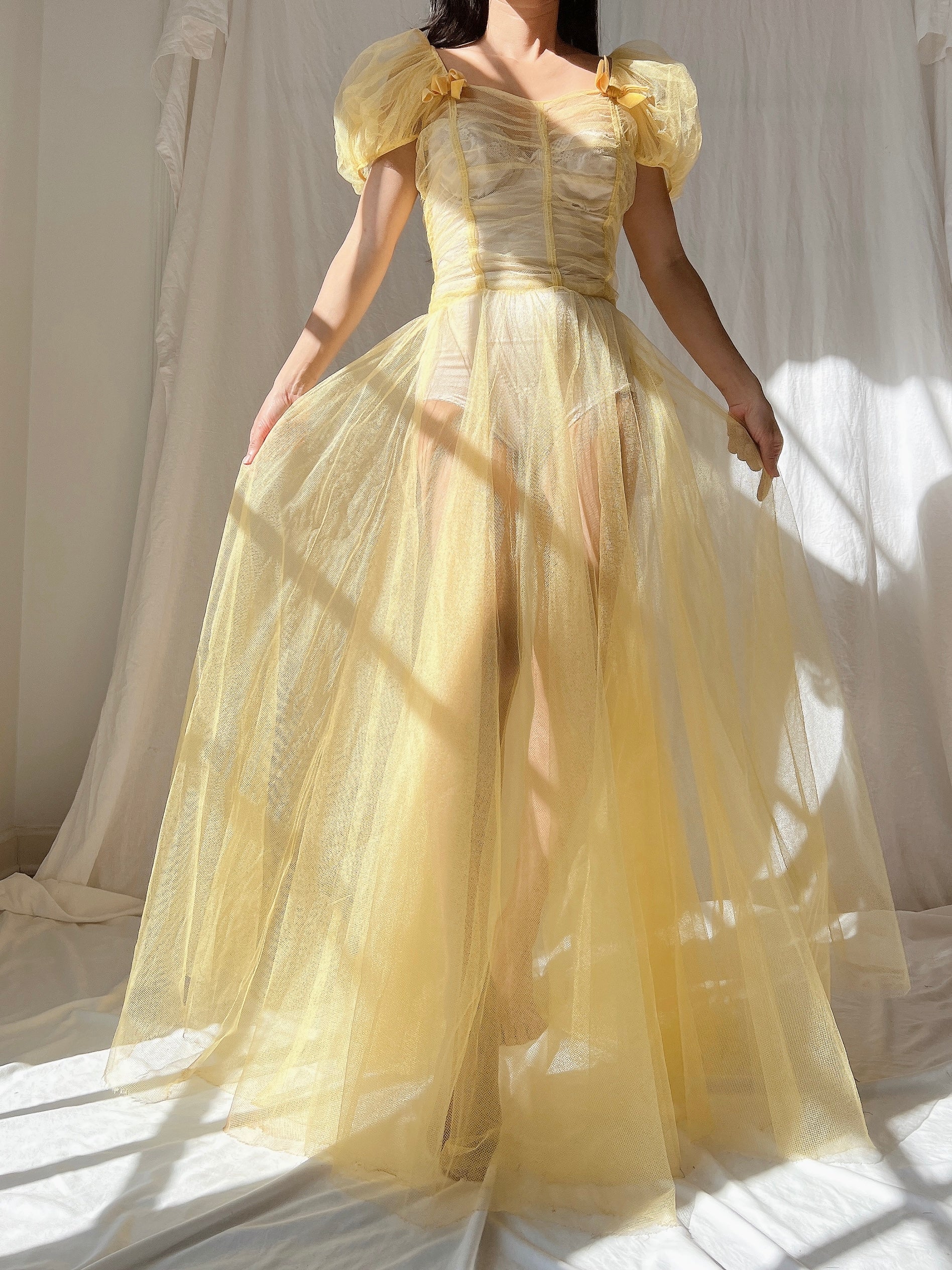 1930s Yellow Sheer Tulle Dress - XS
