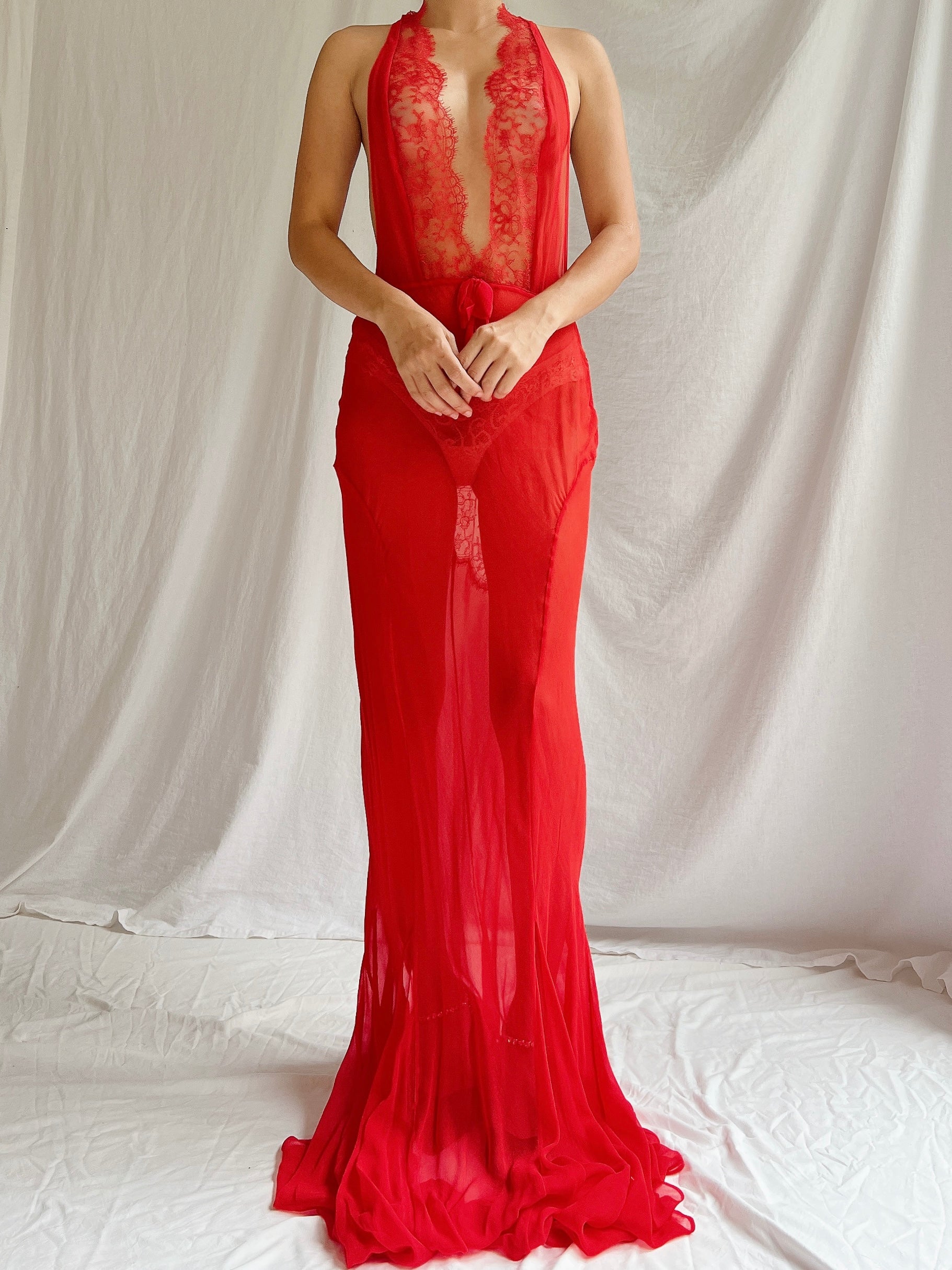 00s Red Silk Sheer Slip Gown - M/L