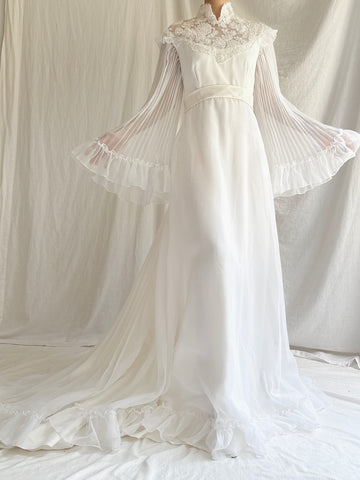 1970s Pleated Sleeves Chiffon Dress - S