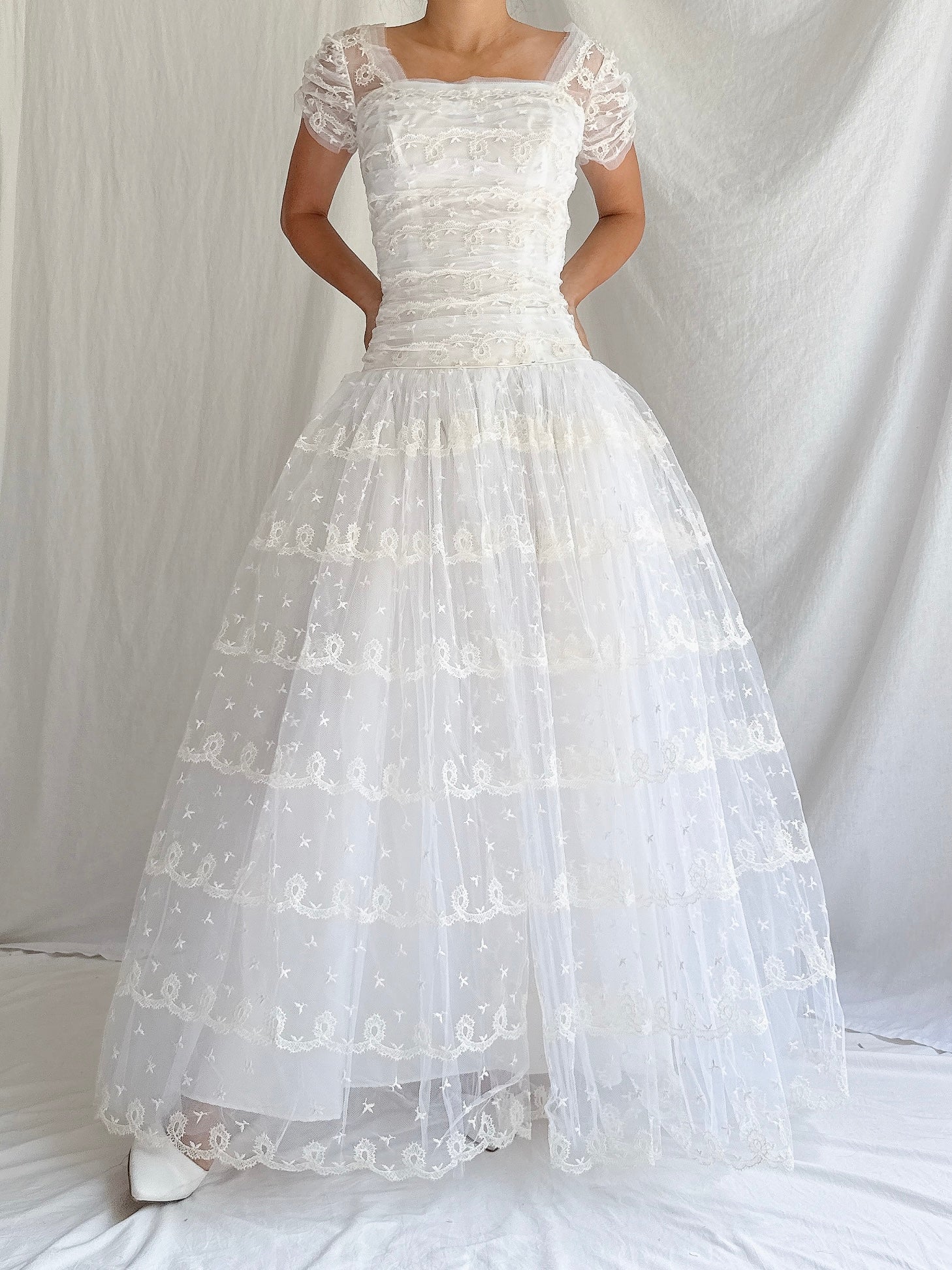 1950s Tulle Dropped Waist Embroidered Dress - S