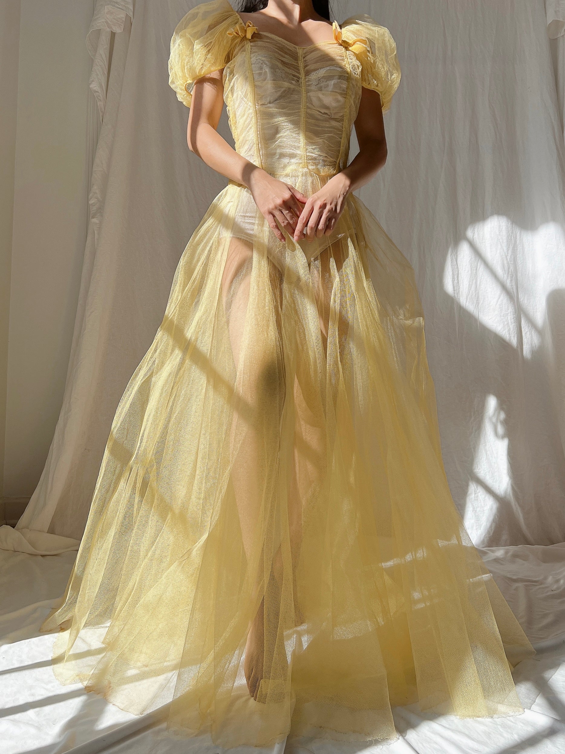 1930s Yellow Sheer Tulle Dress - XS