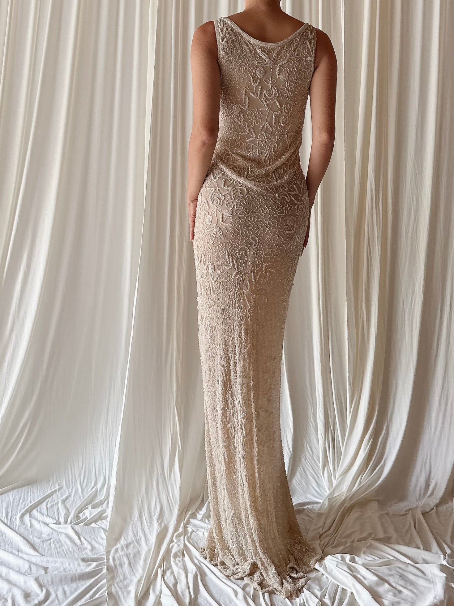 Vintage Ecru Sheer Silk Beaded Gown - S-M