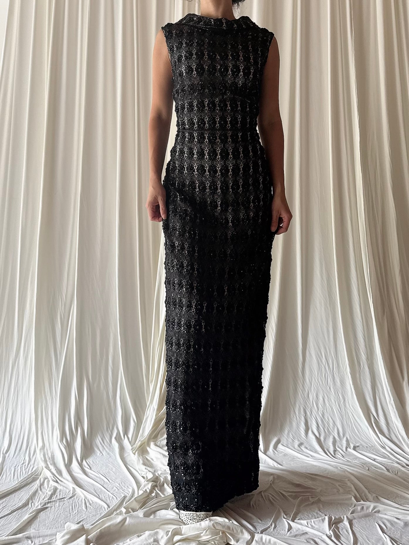 1960s Rayon Beaded Gown - M