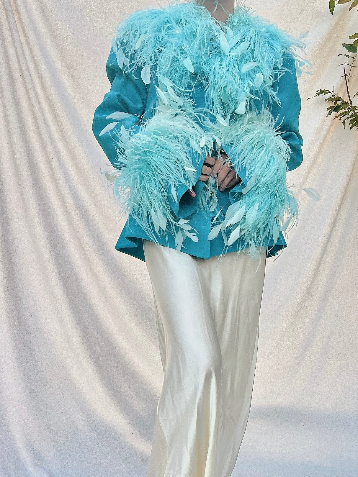 Vintage Cyan Feather Rayon Jacket - M