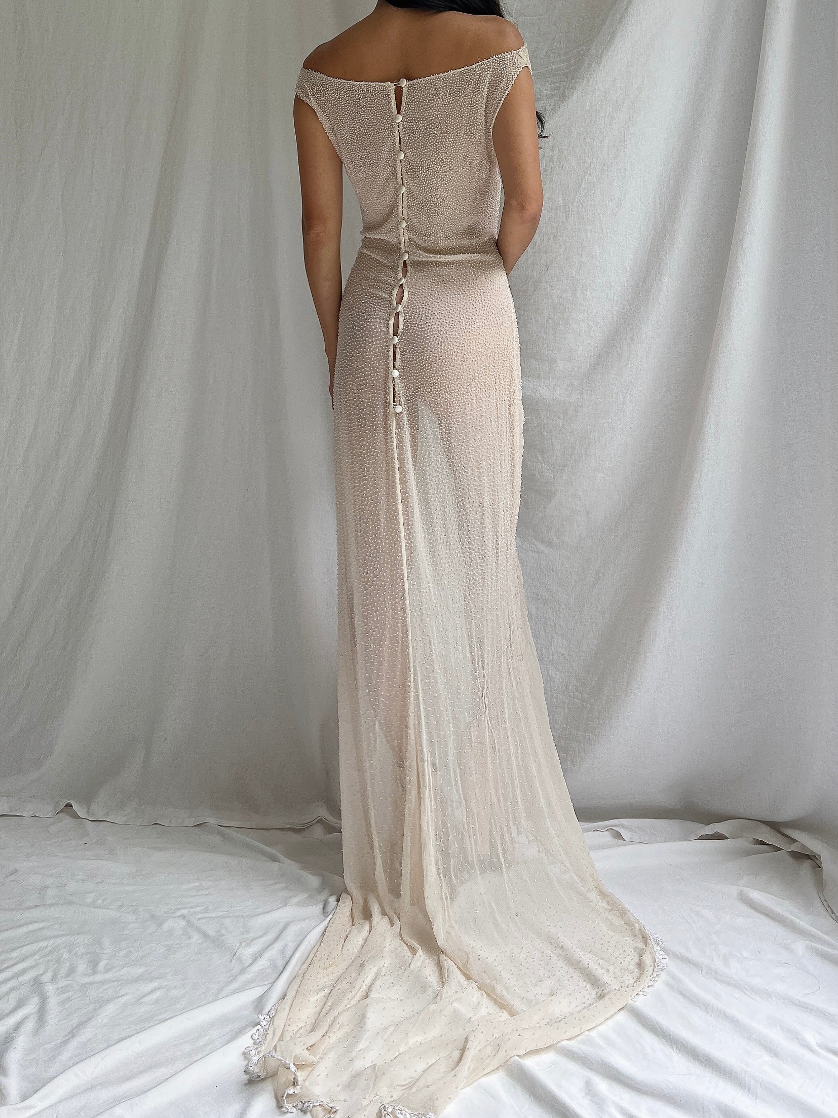 1990s Silk Chiffon Hand Beaded Gown - S