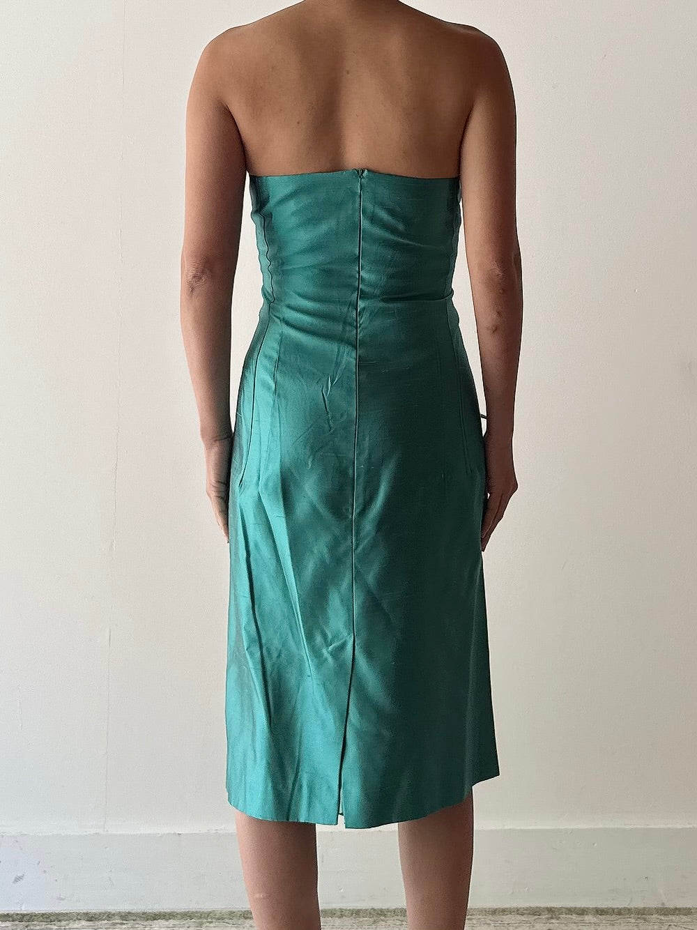 Vintage Turquoise Teal Silk Strapless Dress - FR42