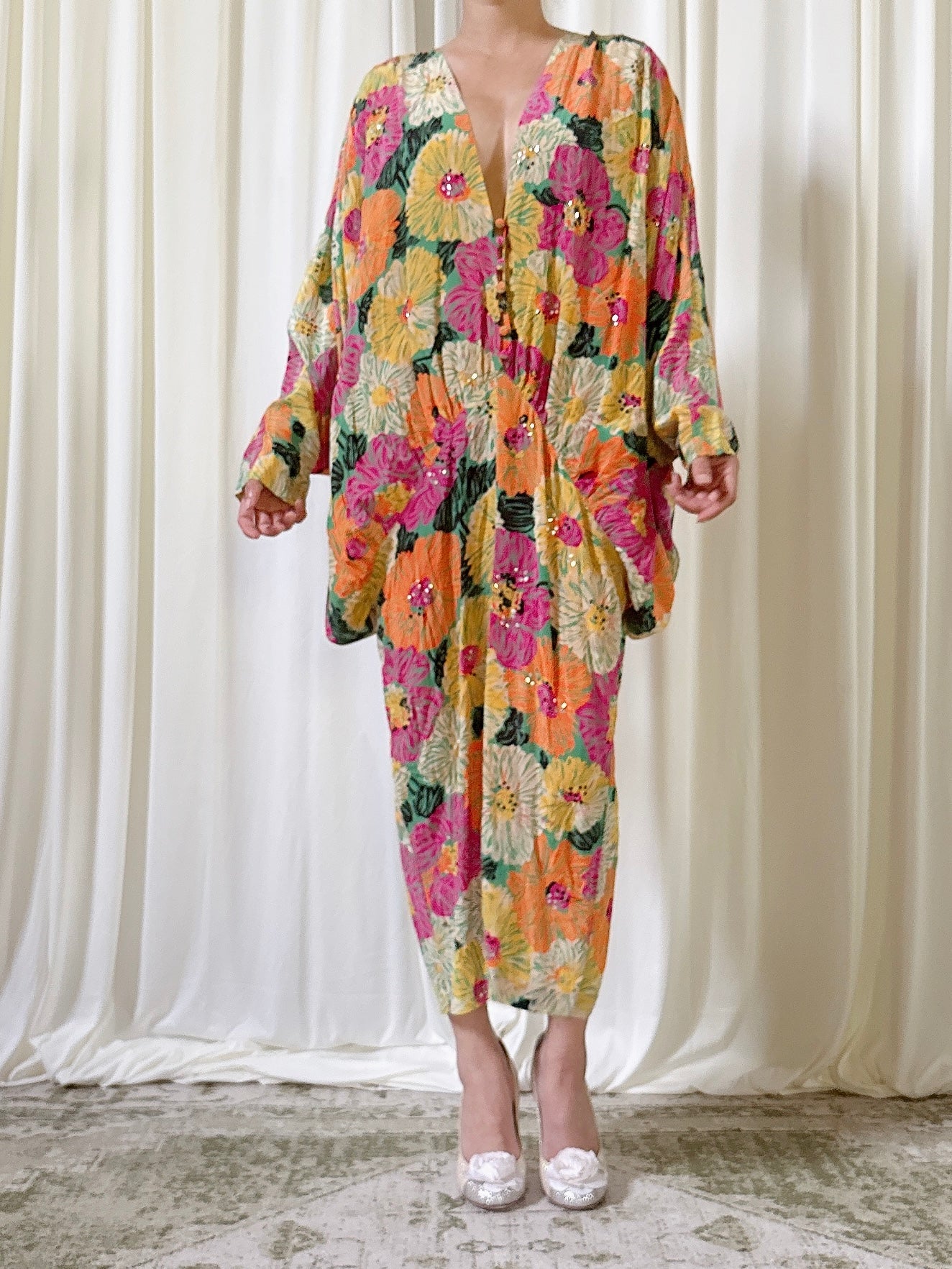 1980s Silk Floral Dress - M