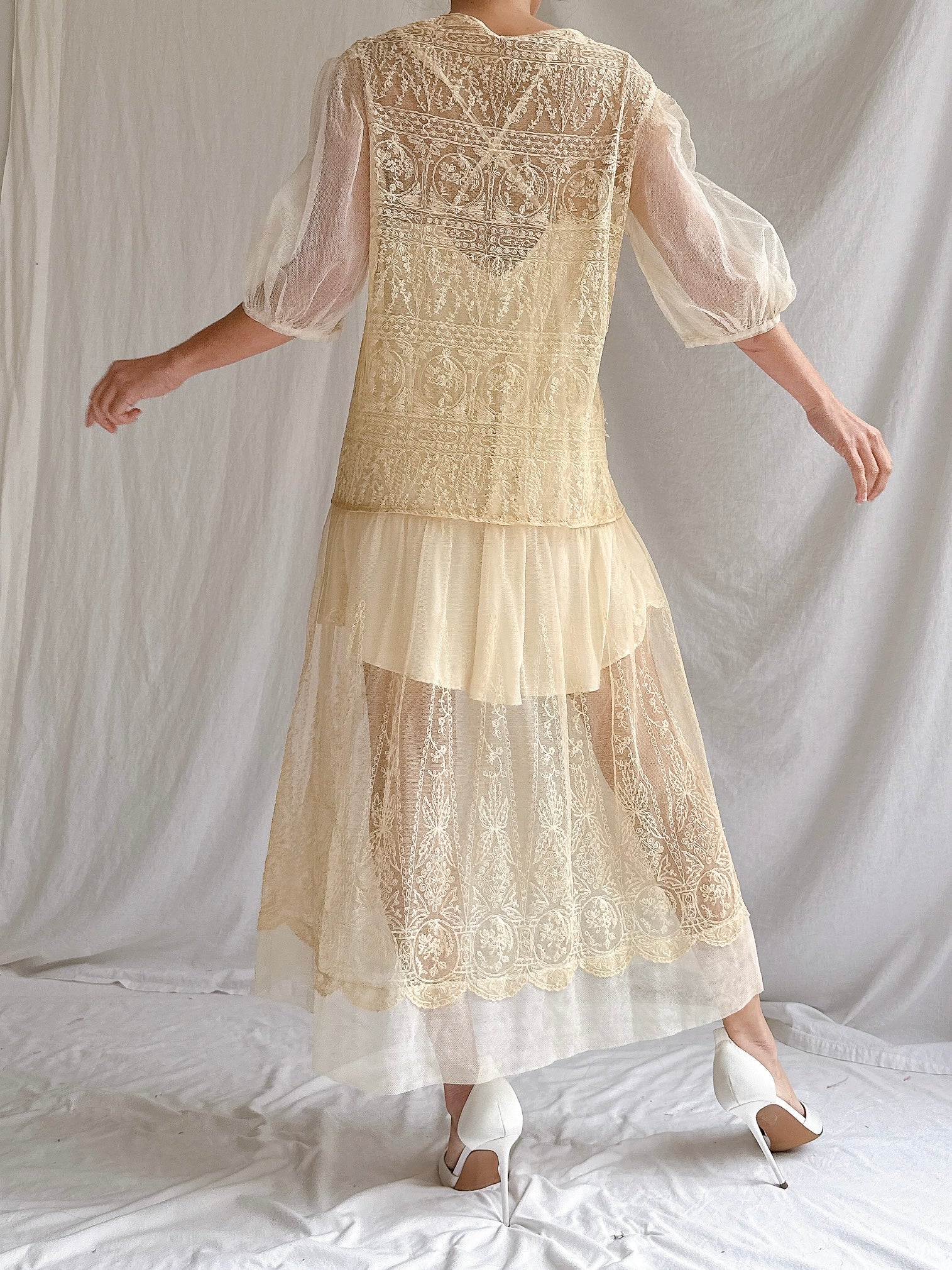 1920s Ecru Embroidered Dress - M