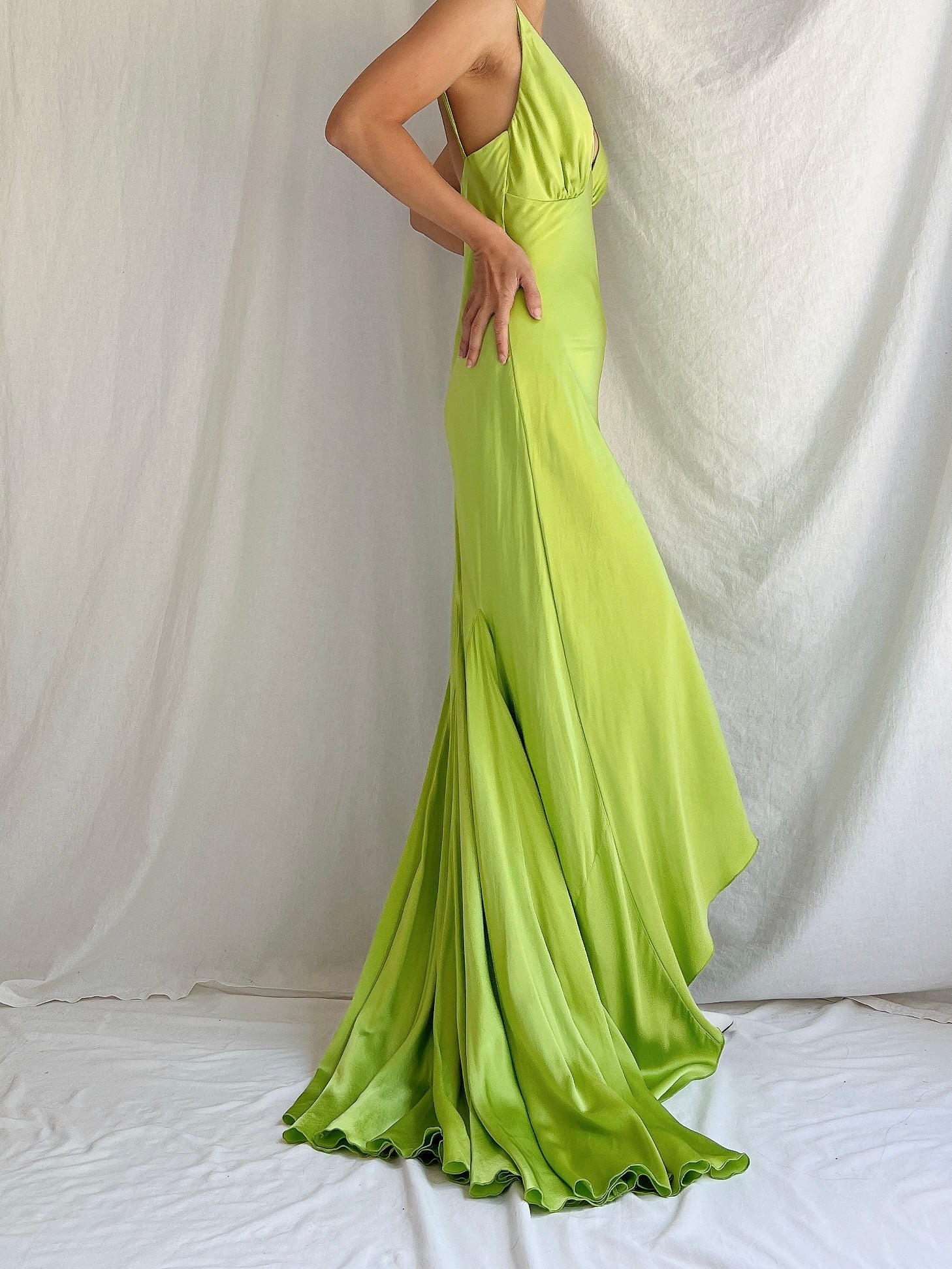 1990s Silk Chartreuse Asymmetrical Hem Gown - S