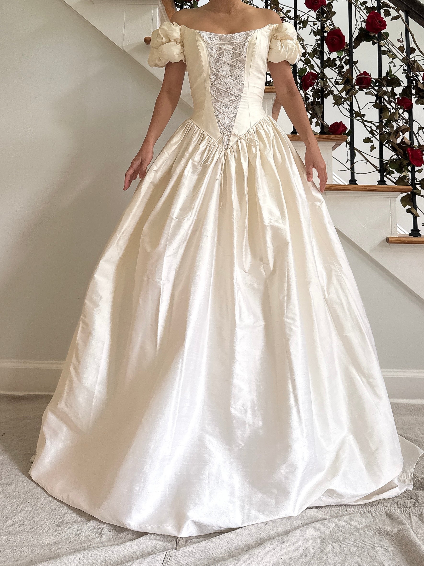 Vintage Guzzo Toronto Off-the-Shoulder Silk Dupioni Gown - S