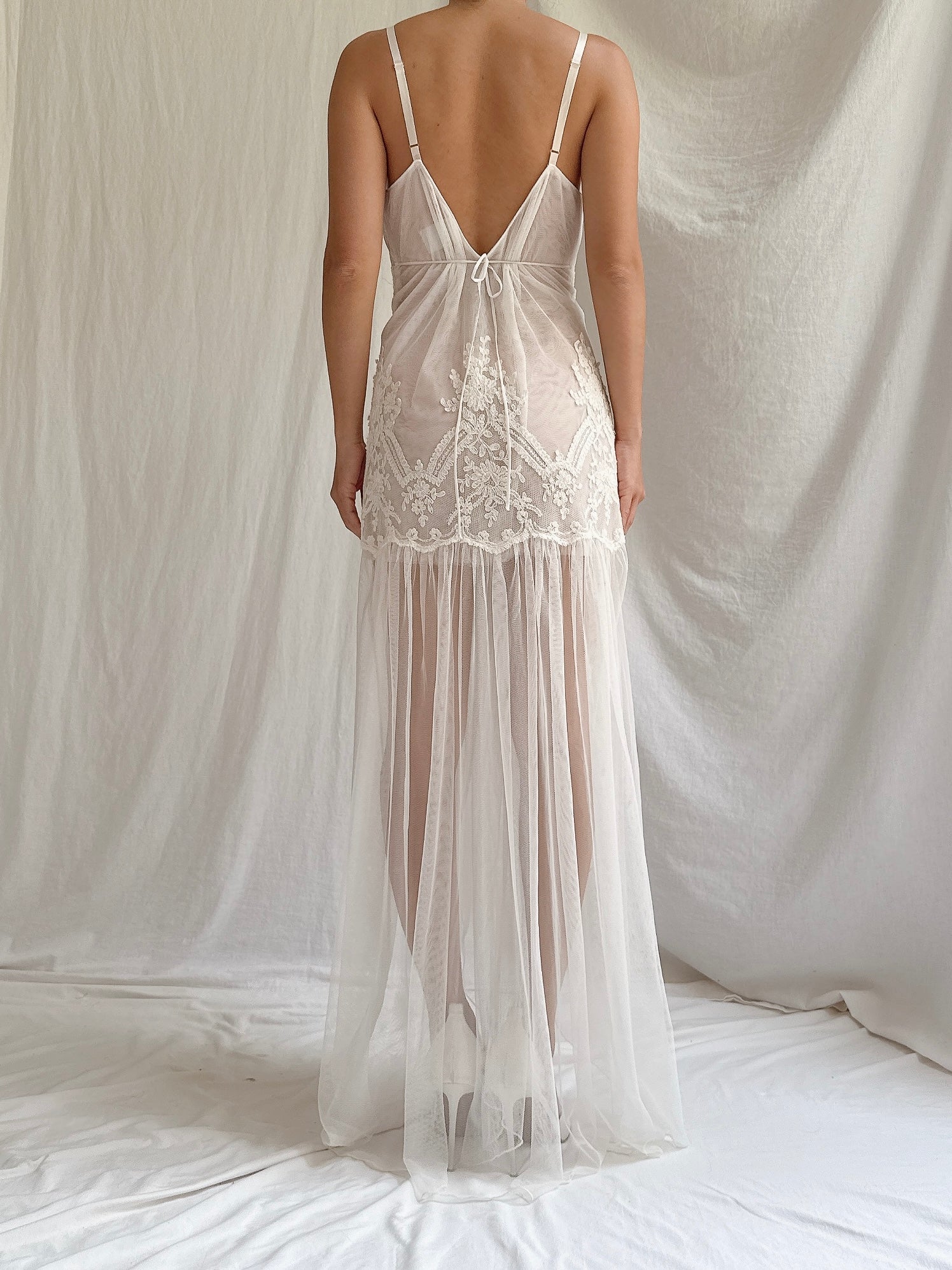 Vintage Tulle Embroidered Lace Slip Dress - S-M