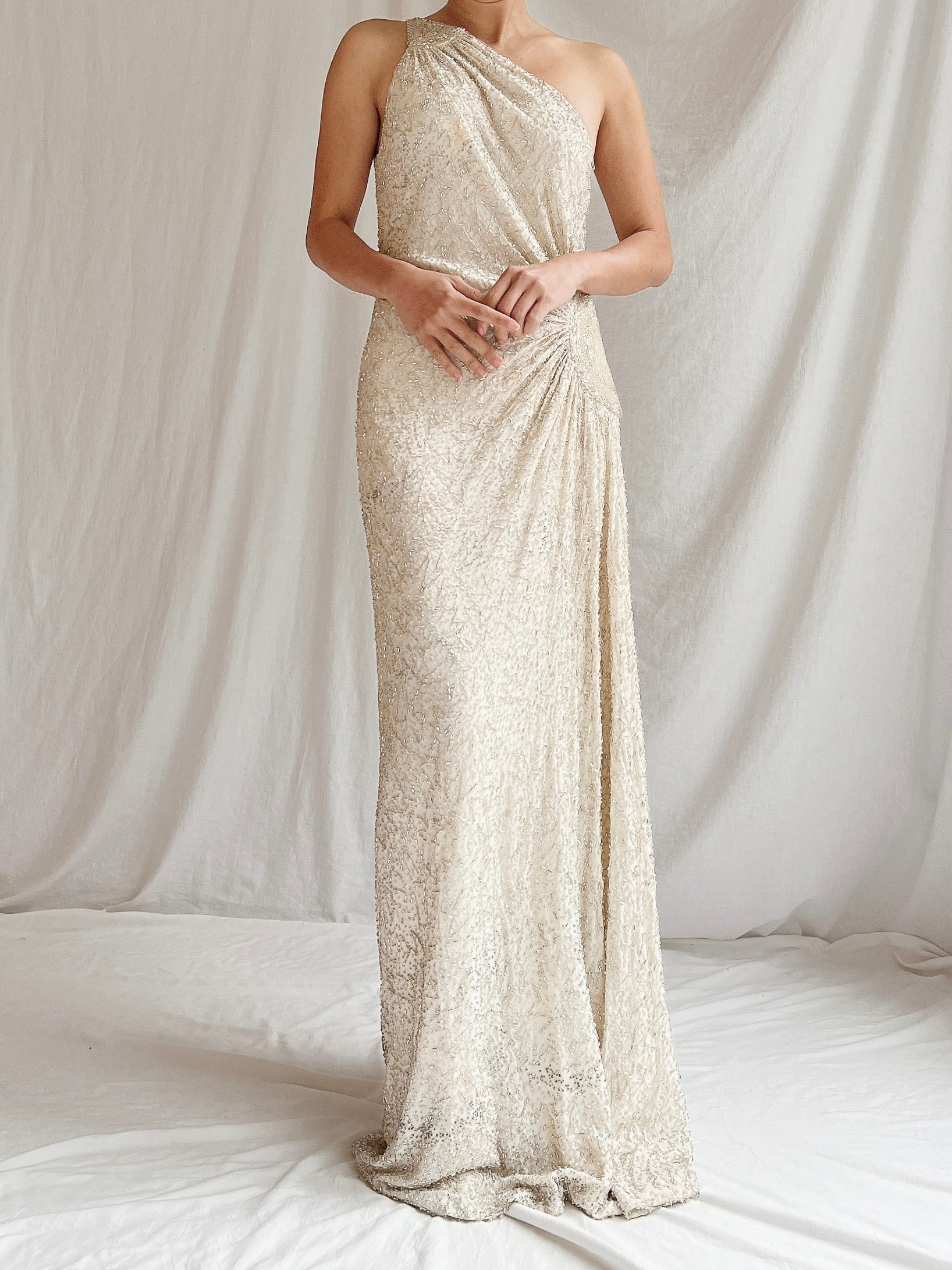 Vintage Silk One Shoulder Beaded Gown - M 6/8