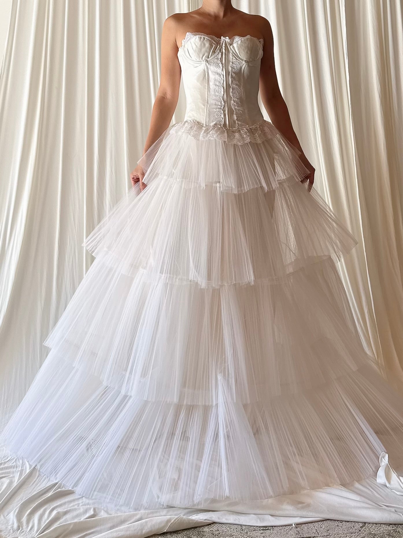 1950s Pleated Tiered Tulle Gown with Bustier - XS