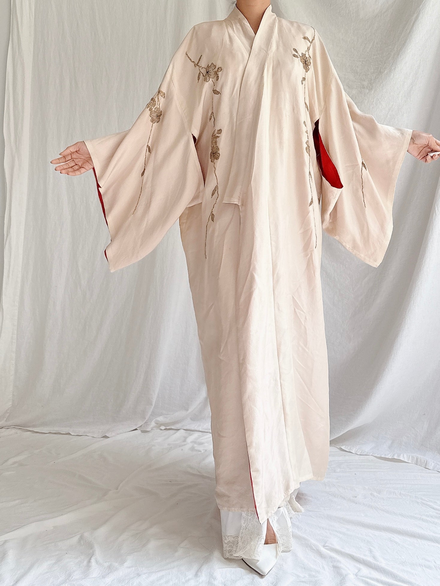 Antique Silk Peacock Embroidered Kimono - OSFM
