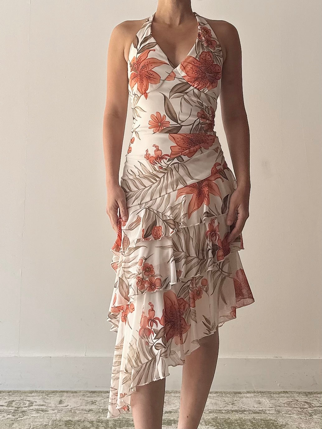 Vintage Floral Tier Halter Dress - M