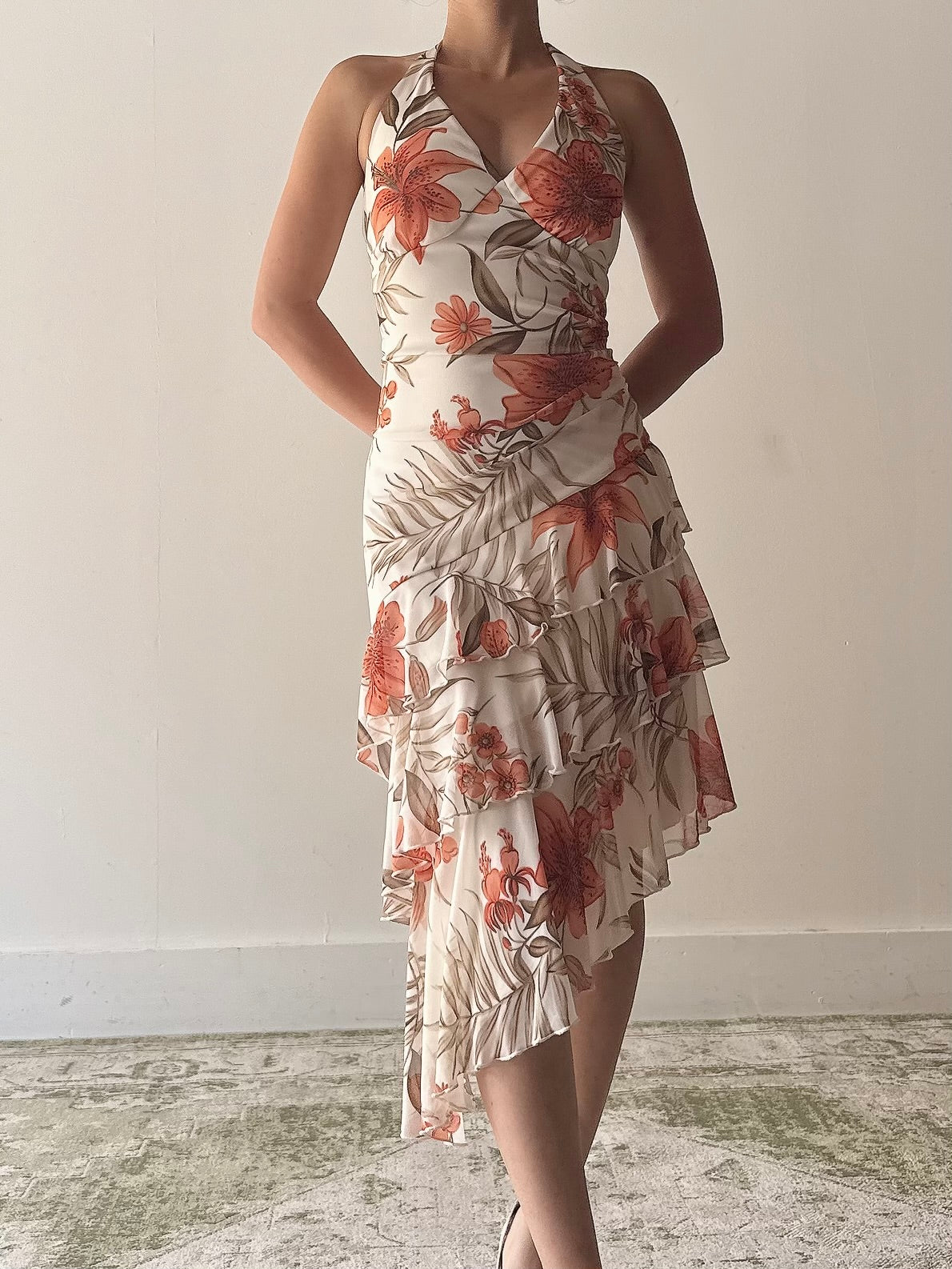 Vintage Floral Tier Halter Dress - M