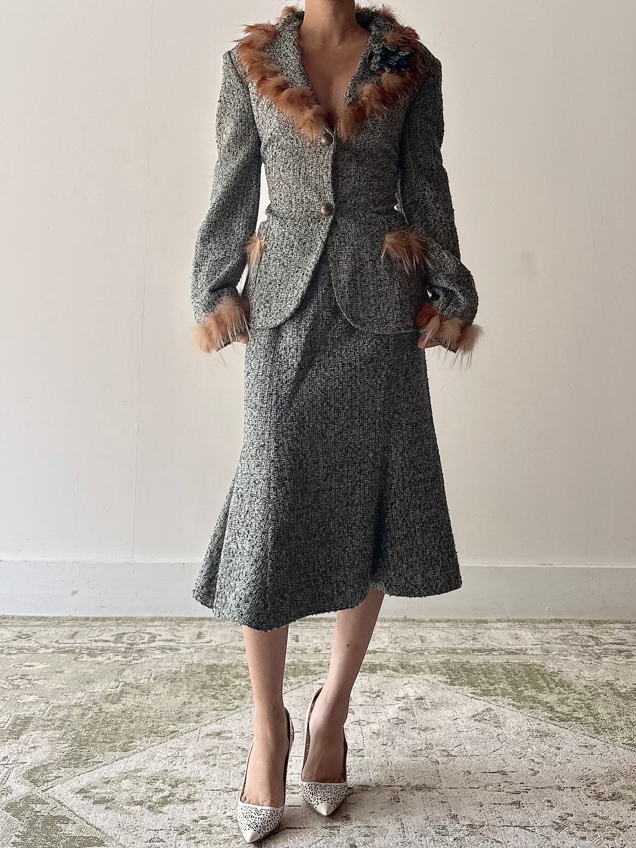 Vintage Serge Domain Tweed Fur Trim 2 Piece Set - FR40