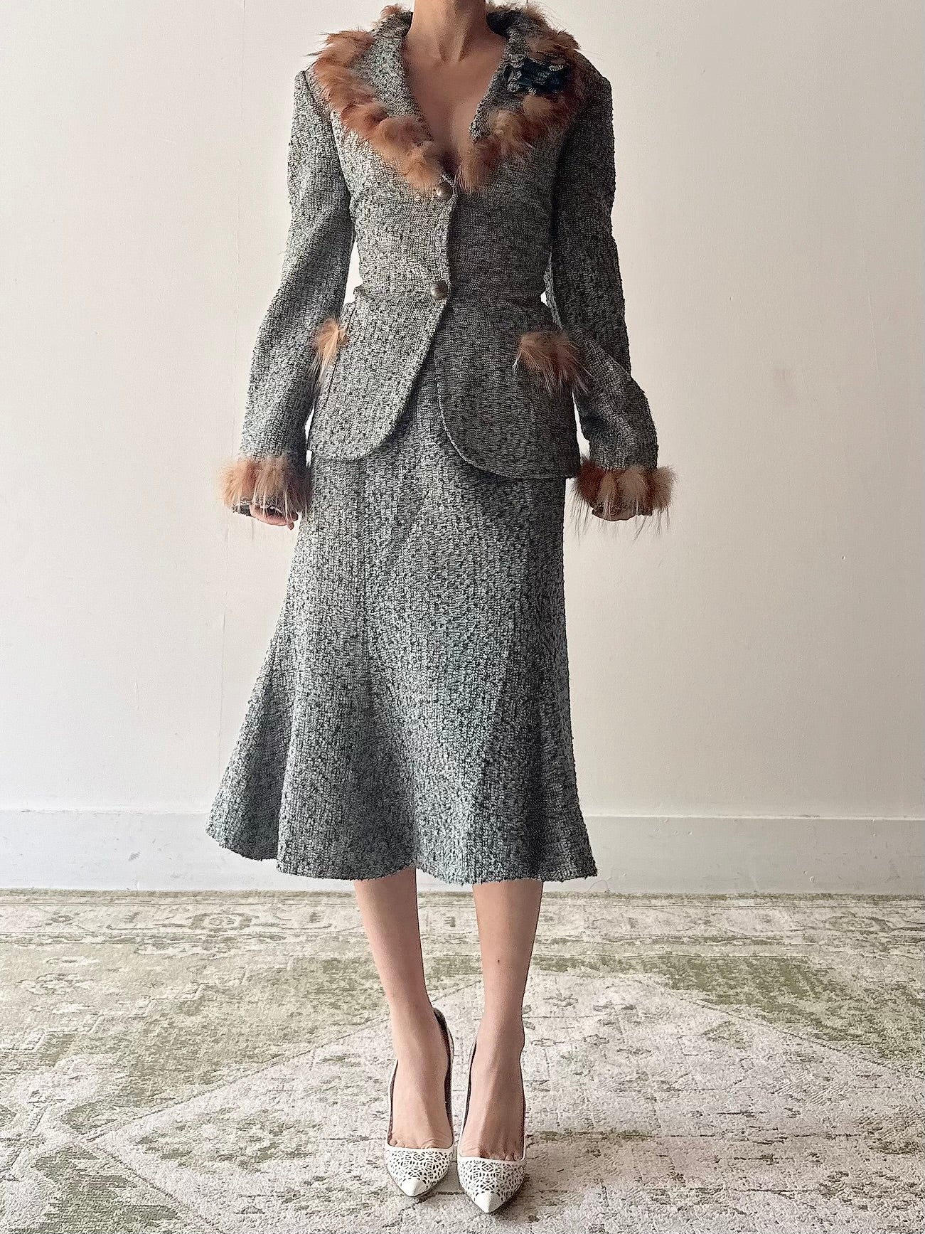 Vintage Serge Domain Tweed Fur Trim 2 Piece Set - FR40