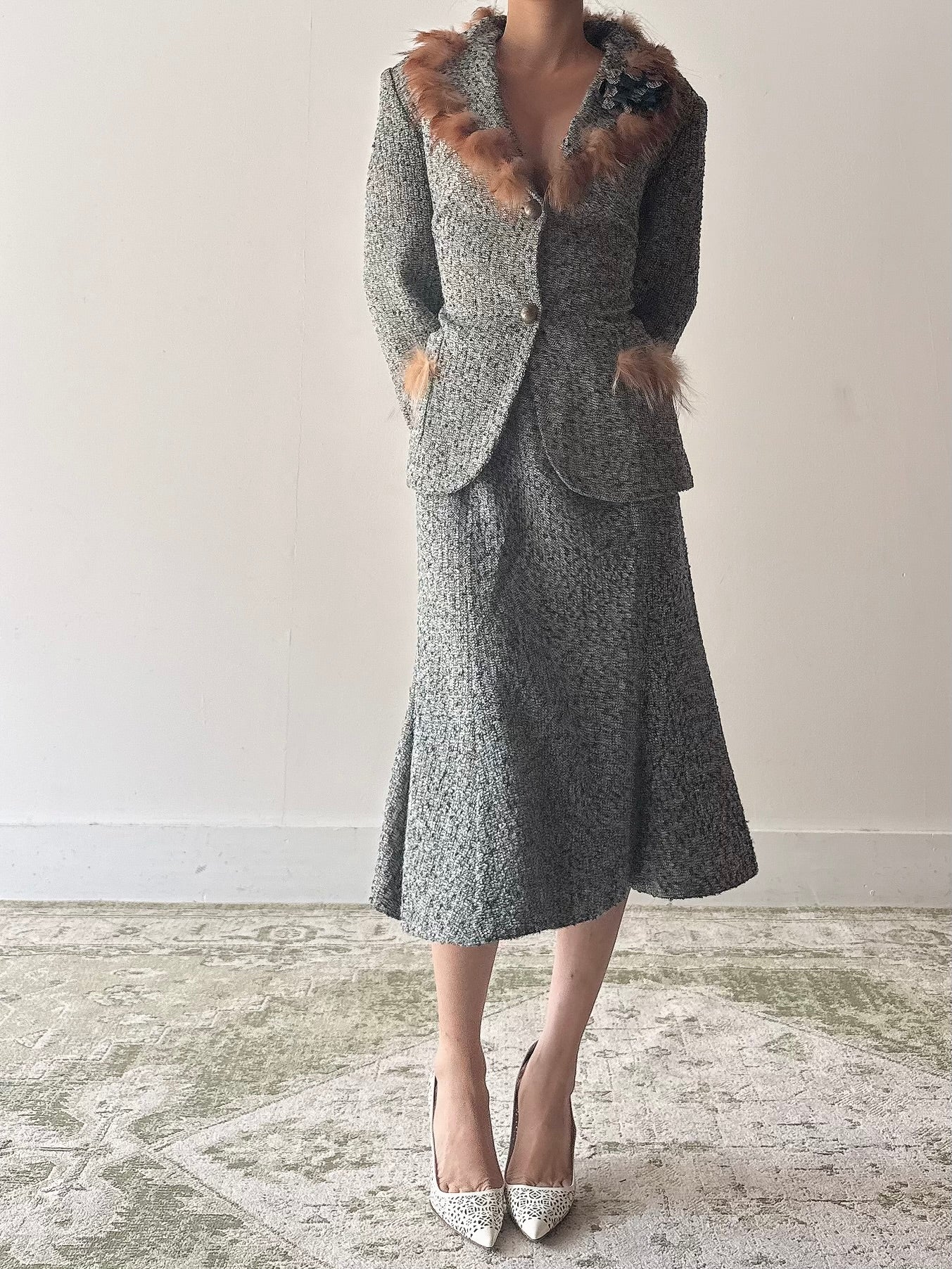 Vintage Serge Domain Tweed Fur Trim 2 Piece Set - FR40