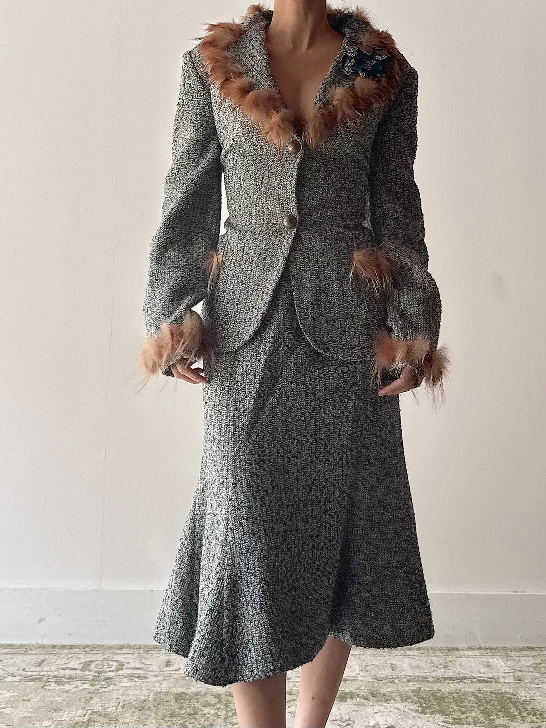 Vintage Serge Domain Tweed Fur Trim 2 Piece Set - FR40