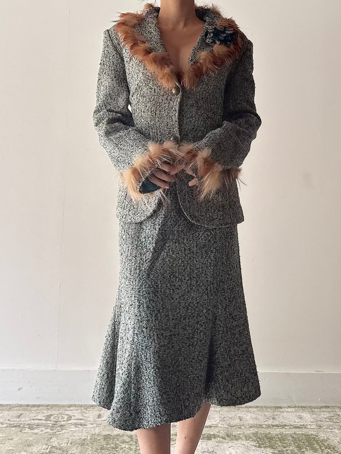 Vintage Serge Domain Tweed Fur Trim 2 Piece Set - FR40