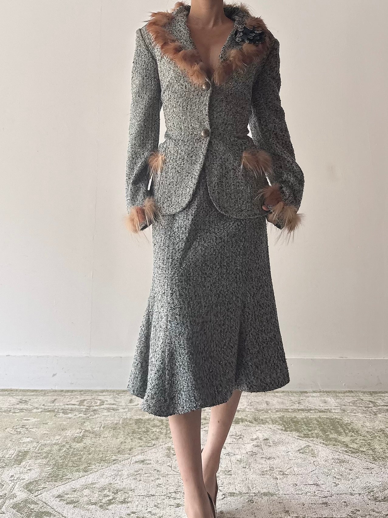 Vintage Serge Domain Tweed Fur Trim 2 Piece Set - FR40