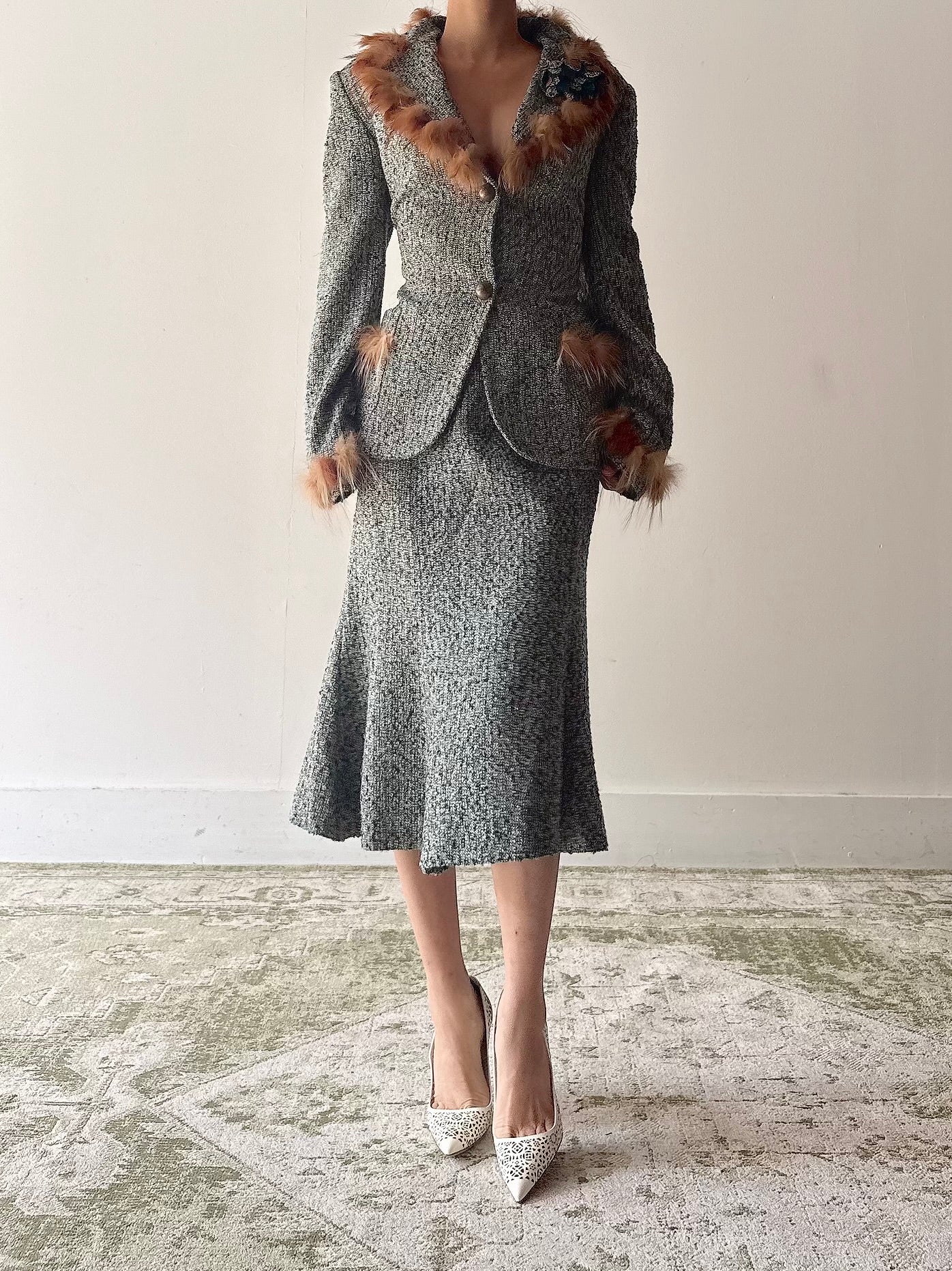 Vintage Serge Domain Tweed Fur Trim 2 Piece Set - FR40