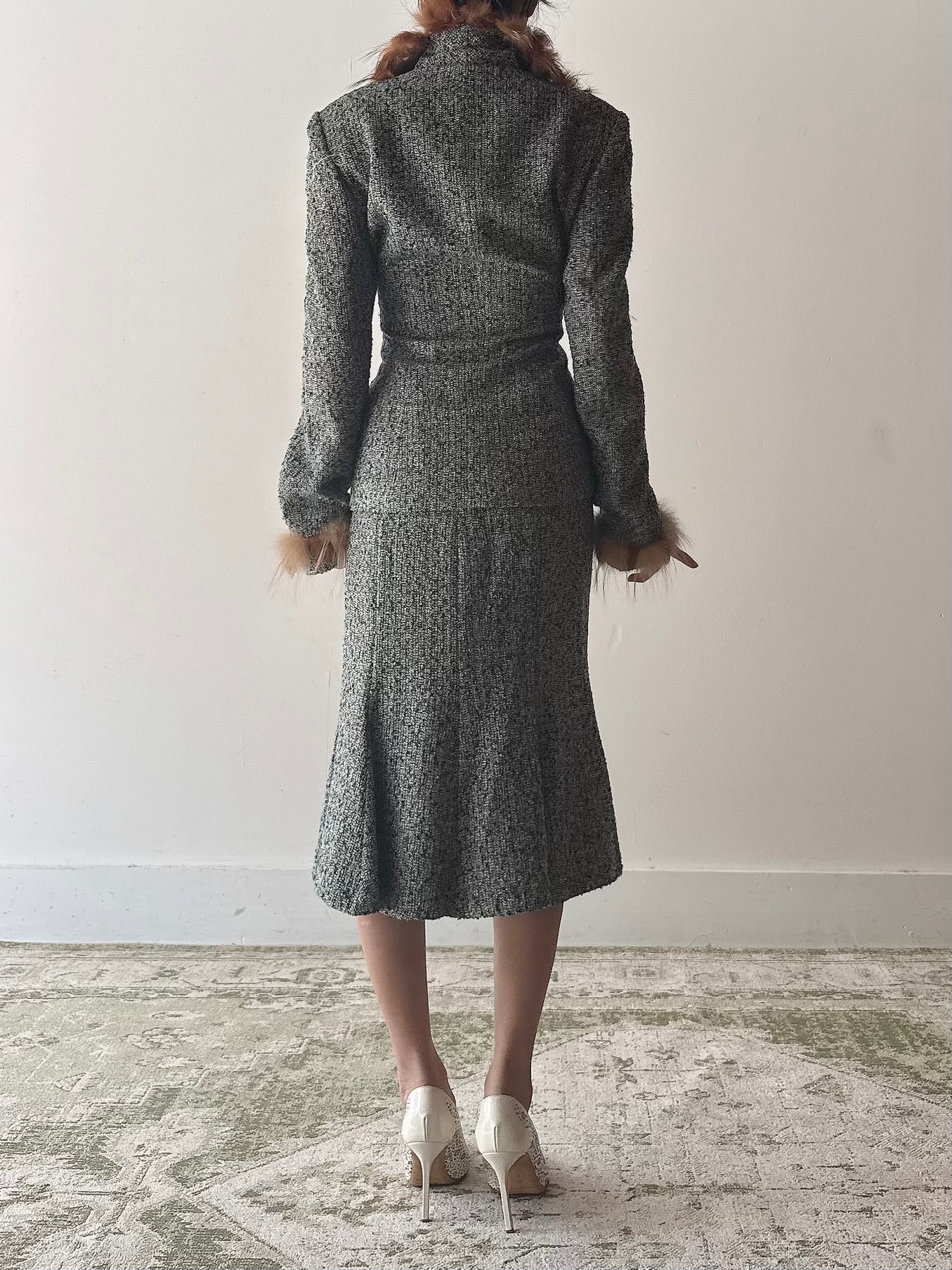 Vintage Serge Domain Tweed Fur Trim 2 Piece Set - FR40