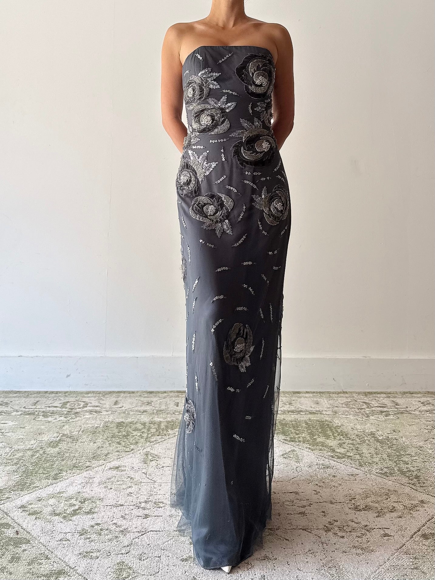 Vintage Bellville Sassoon Gray Silk and Tulle Over Lay Gown - S/M 6