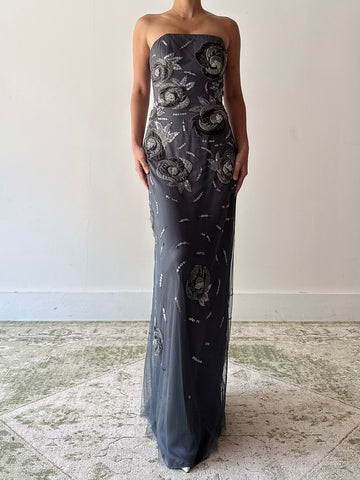 Vintage Bellville Sassoon Gray Silk and Tulle Over Lay Gown - S/M 6